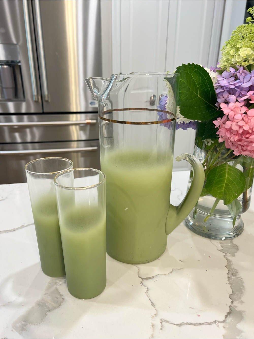 Vintage 1950’s MCM Blendo Green Ombre Glass Pitcher and Tumbler Set